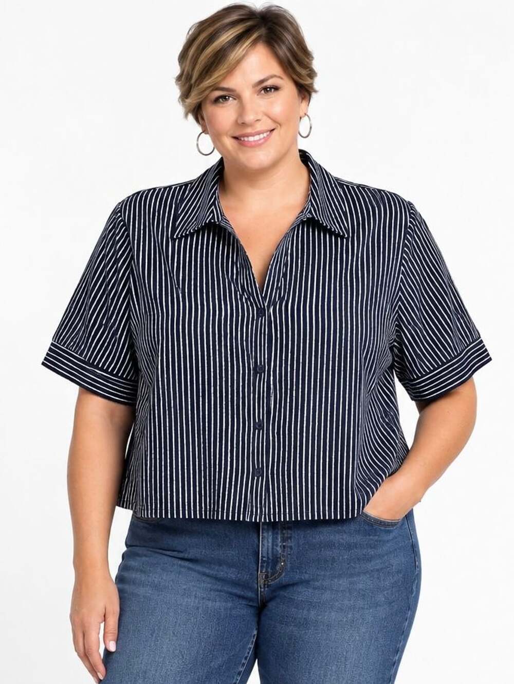 Adrianna Papell Navy Blue White Striped Cropped Button Front Blouse NWT Size XL